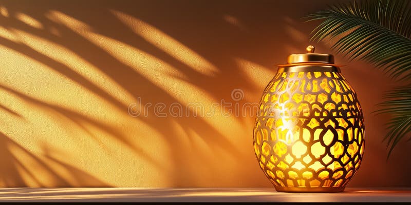 Decorative lantern casting warm golden light while creating intricate shadows on textured wall. Cozy indoor setting with stock photos