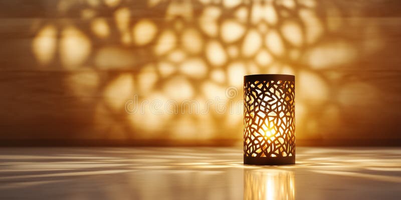 Decorative lantern emits warm light, casting intricate shadows on smooth floor. Cozy indoor setting creates inviting stock photo