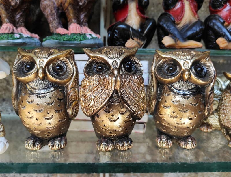 Decorative multicolored owl figurines on the shop window stock photo