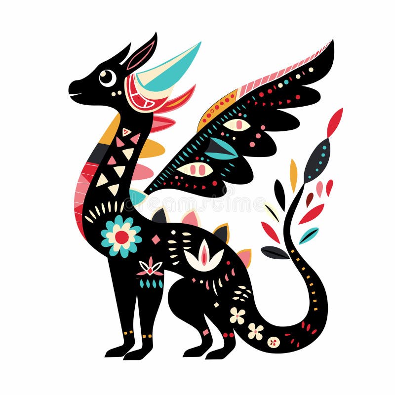 Creatura mitică decorativă model tribală colorat, izolat fond alb. fantastic folksy vector illustration