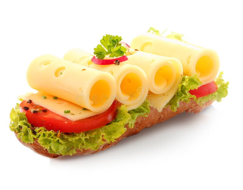 Open baguette sandwich with rolled cheese royalty free stock photos