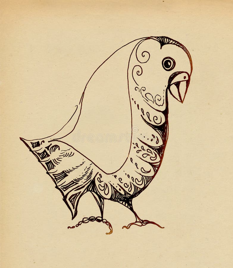Decorative ornamental bird - pencil drawing