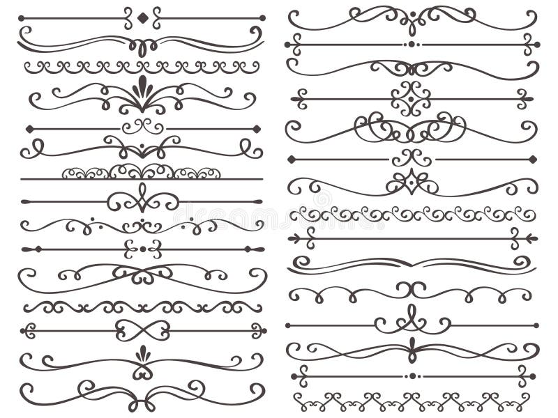 Decorative page divider. Vintage decor lines, luxury wedding frame line and ornate swirl dividers isolated vector set royalty free illustration