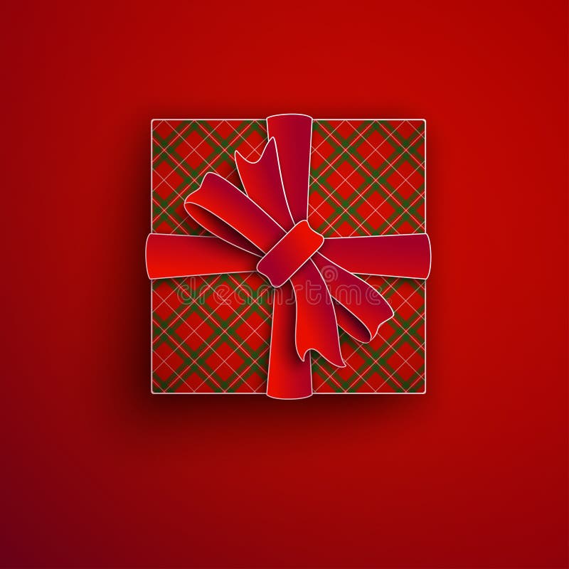 Decorative paper cut gift box isolated on red background. Red bow, ribbon festive element for holiday design, christmas greeting vector illustration Decorative paper cut gift box isolated on red background. Red bow, ribbon festive element for holiday design, christmas greeting vector illustration