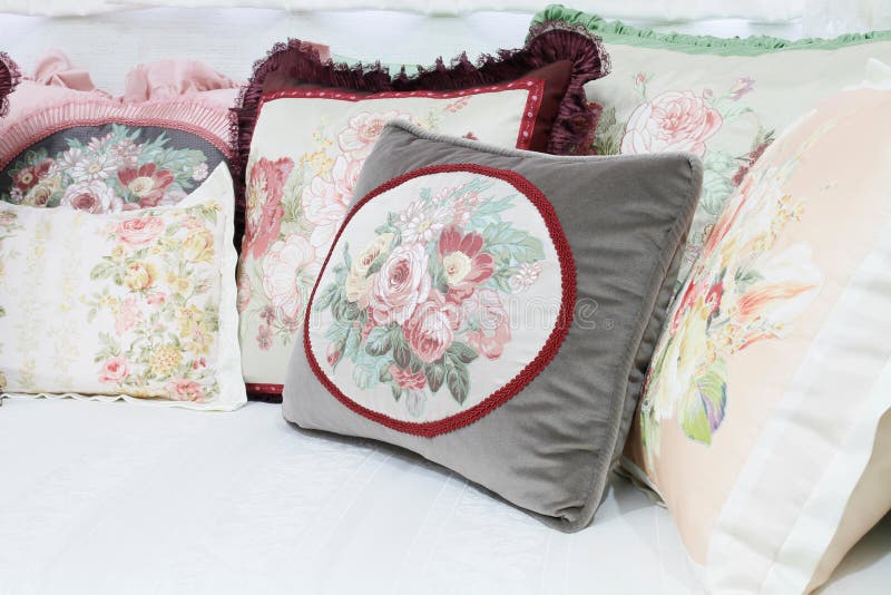 Decorative Pillow in Victorian Style in Living Room, Luxury Pill Stock