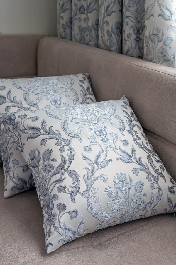 Decorative Pillows and Curtains of the Same Fabric Stock Photo Image