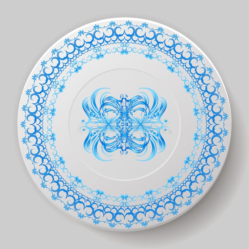 Decorative Plate with Blue Pattern, Ornament. Stock Vector