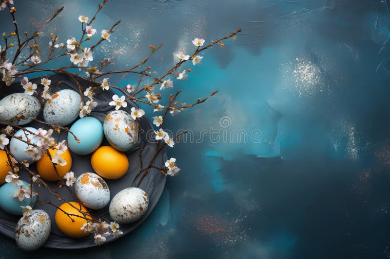 Placă decorativă cu ouă de paști și cu ramuri de flori înflorite pe fond moale și senin stock illustration