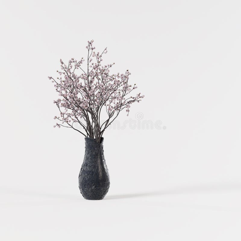 Modern Sakura Flower Gray Ceramic Vase Isolated on White Background
