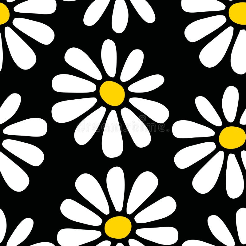 Decorative seamless floral pattern with hand drawn white yellow daisy flowers on black background. Retro style flat