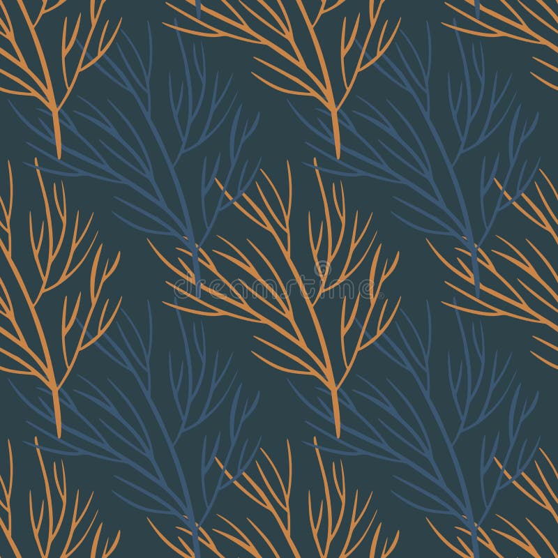 Decorative Seamless Pattern with Blue and Orange Tree Branches Print