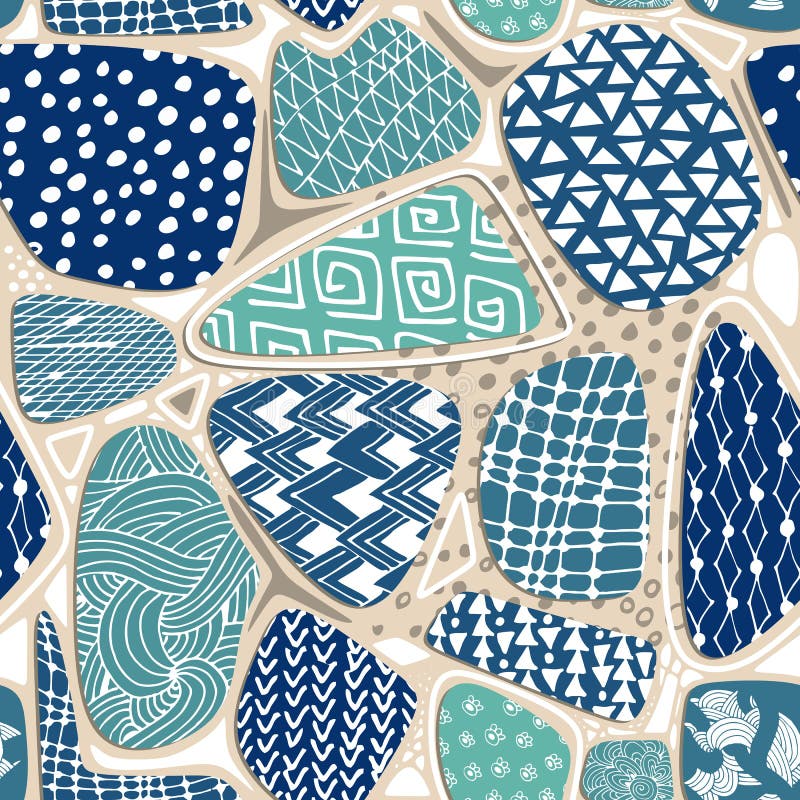 Decorative Seamless Pattern with Blue Stones and Hand Drawn Ornaments