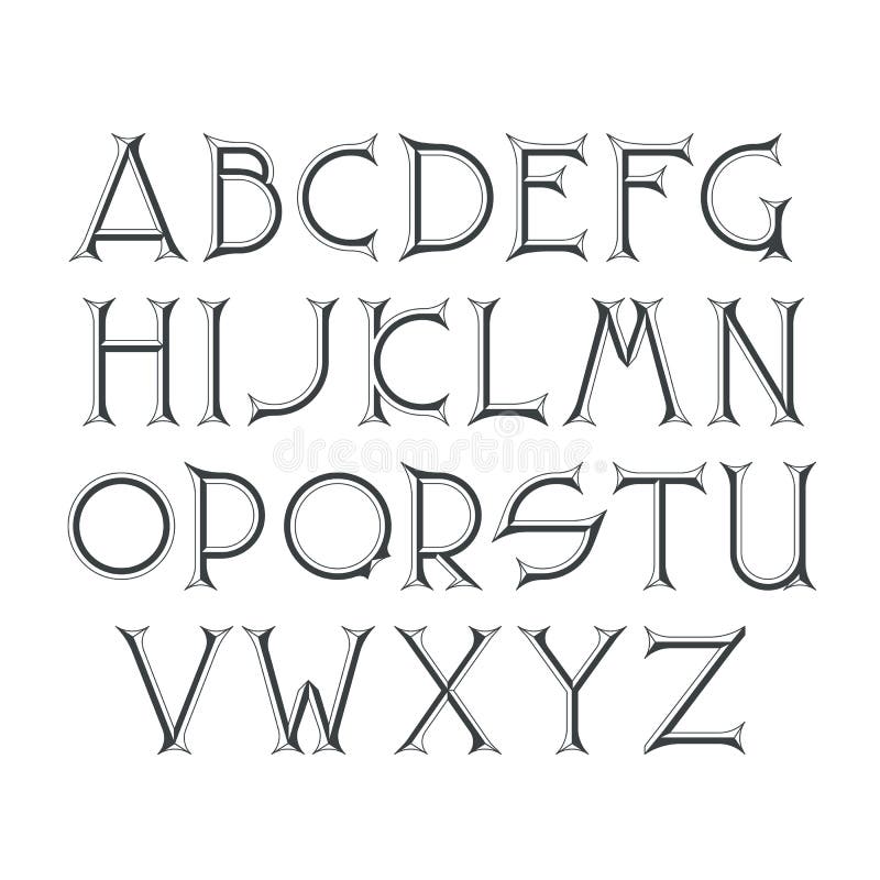 Decorative serif latin font. Graphical sharp corners chisel capital letters. Monochromatic empty objects.