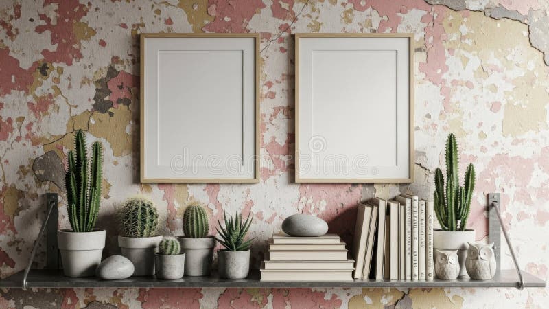Decorative Shelf with Cacti and Books Against Distressed Wall stock photo