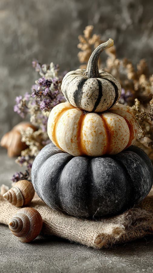Decorative stacked pumpkins for Halloween stock photo