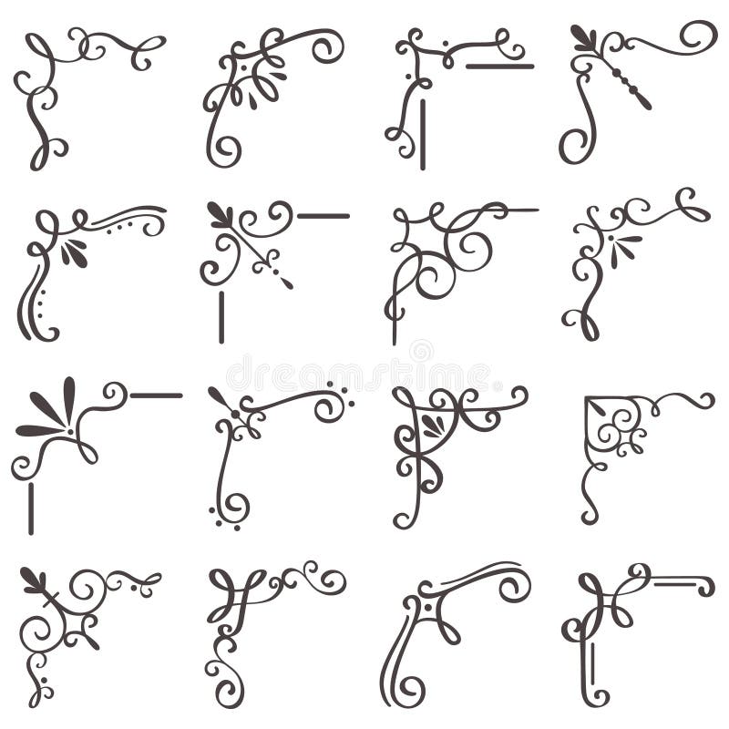 Decorative swirls corners. Scroll corner, decorative ornament swirl shapes or elegant vintage frame border design vector