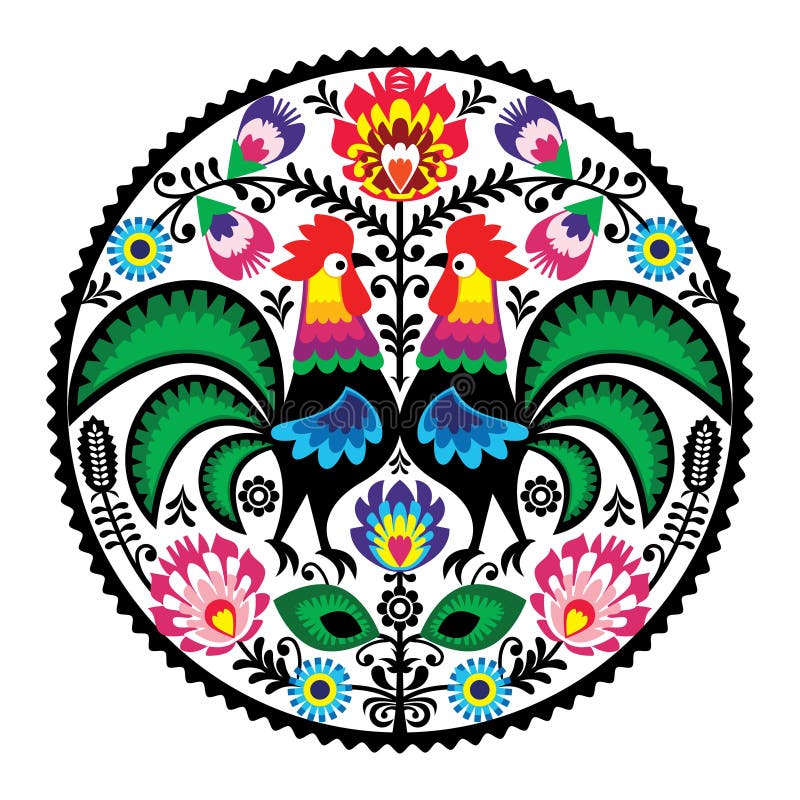 Polish floral embroidery with roosters - traditional folk pattern vector illustration Polish floral embroidery with roosters - traditional folk pattern vector illustration