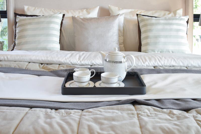 Decorative Tray with Tea Set on the Bed Stock Photo Image of family, indoor 49998076