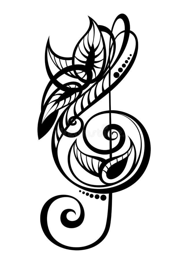 Illustrative style treble clef rose tattoo on the right