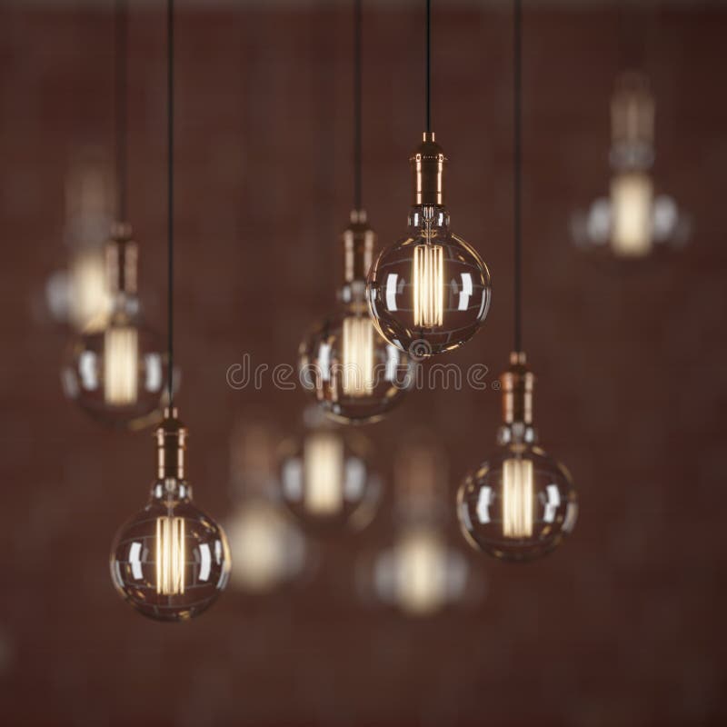 Decorative Vintage Light Bulbs in Edison Style on Brick Wall Background