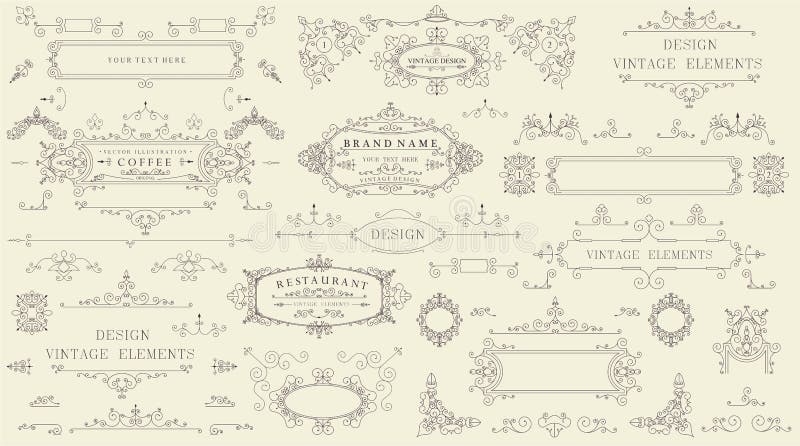 Decorative vintage set of thin calligraphic elements: borders, frames, dividers, ornaments, page decoration. Combinations for retr