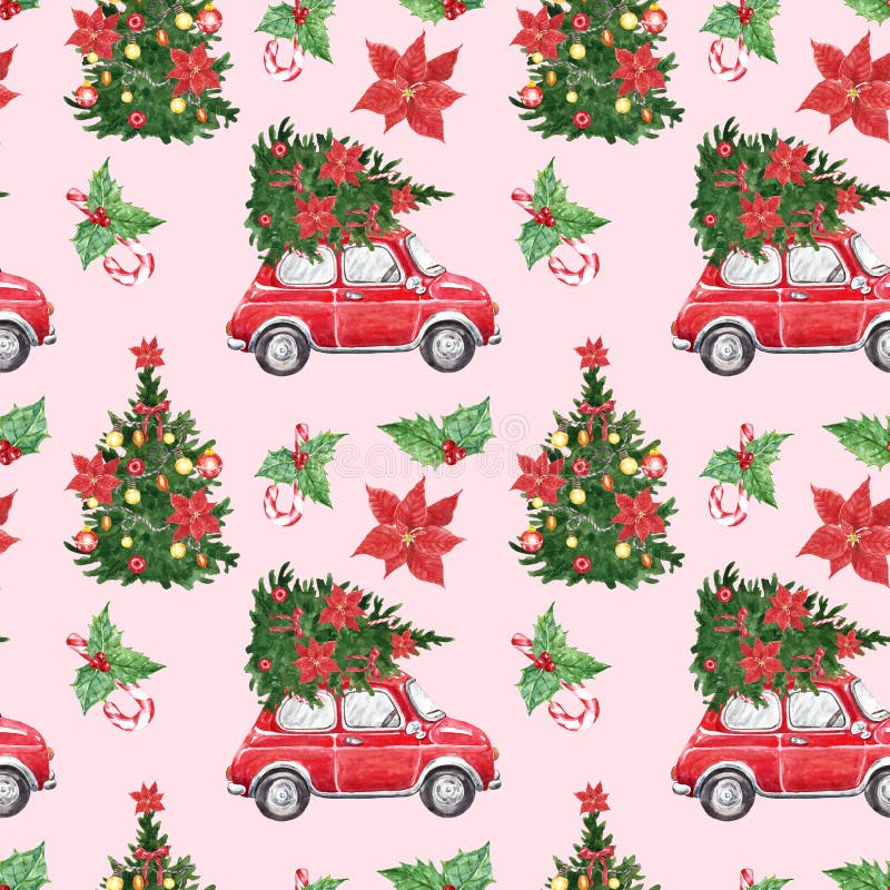 Decorative watercolor holiday seamless pattern with red Christmas car, festive fir tree, poinsettia flower, candy cane, holly on bright pink background. Festive hand painted illustration. Decorative watercolor holiday seamless pattern with red Christmas car, festive fir tree, poinsettia flower, candy cane, holly on bright pink background. Festive hand painted illustration