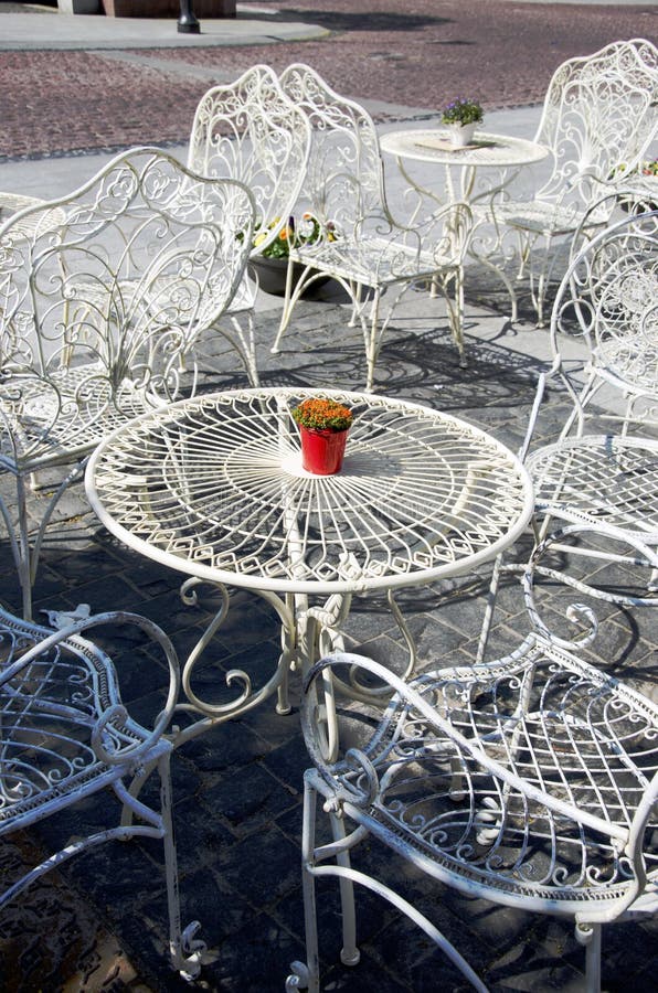 Decorative White Tables and Chairs Outside Cafe Stock Image Image of