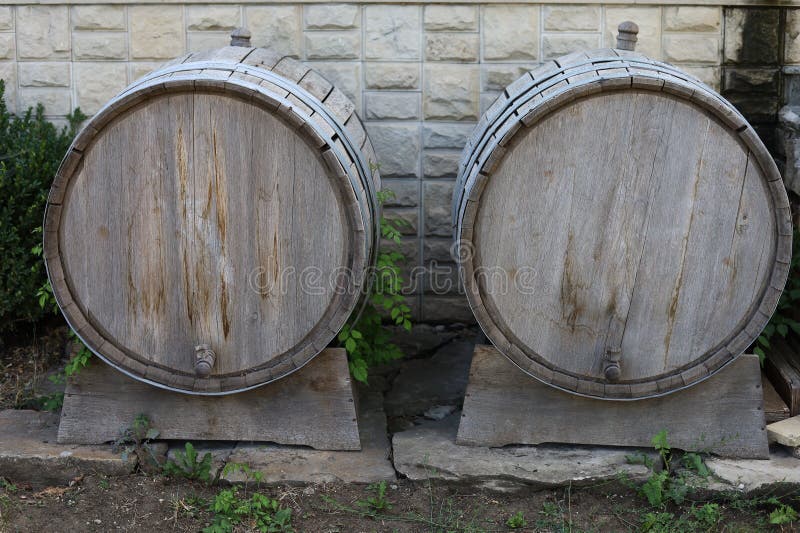 Decorative wine barrels. Exterior design elements, traditional for southern winemaking countries royalty free stock photos