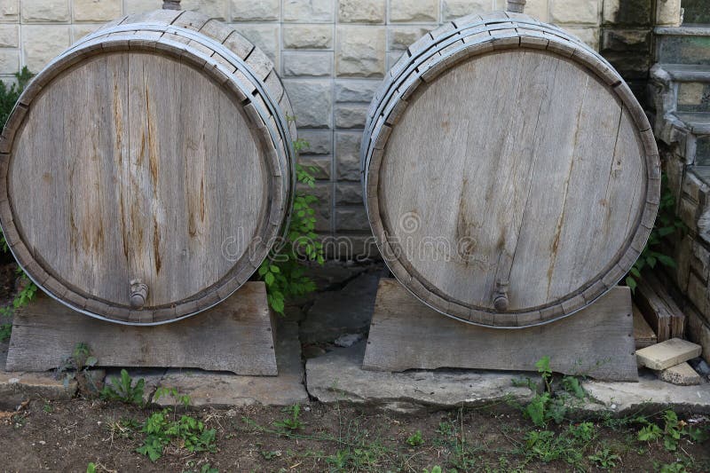Decorative wine barrels. Exterior design elements, traditional for southern winemaking countries stock photo