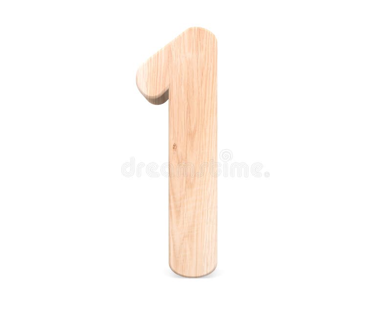 Decorative wooden alphabet digit one symbol - 1. 3d rendering illustration. Isolated on white background. stock illustration