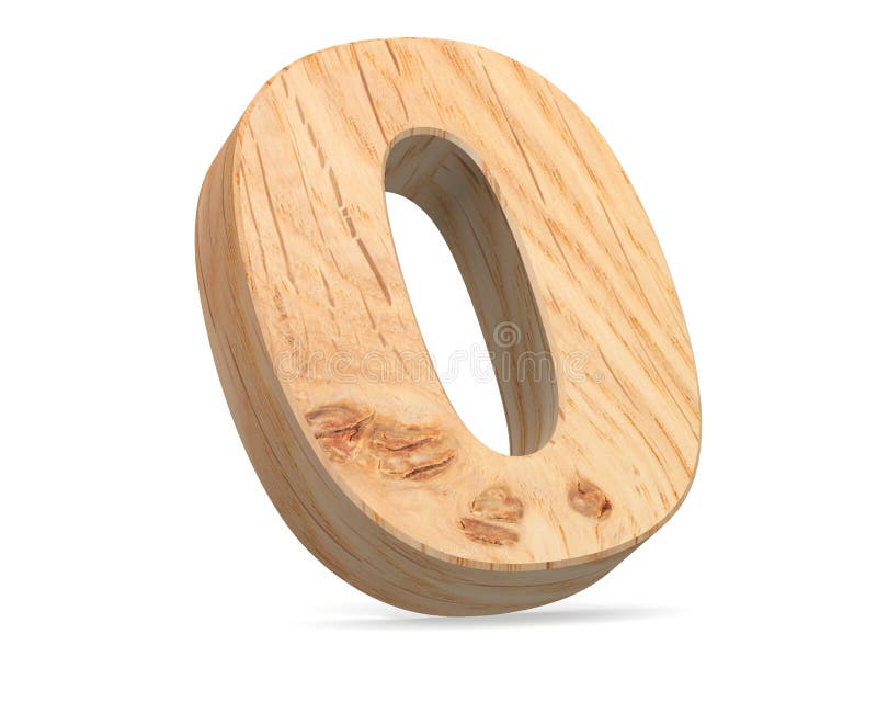 Decorative wooden alphabet digit zero symbol - 0. 3d rendering illustration. on white background. stock illustration