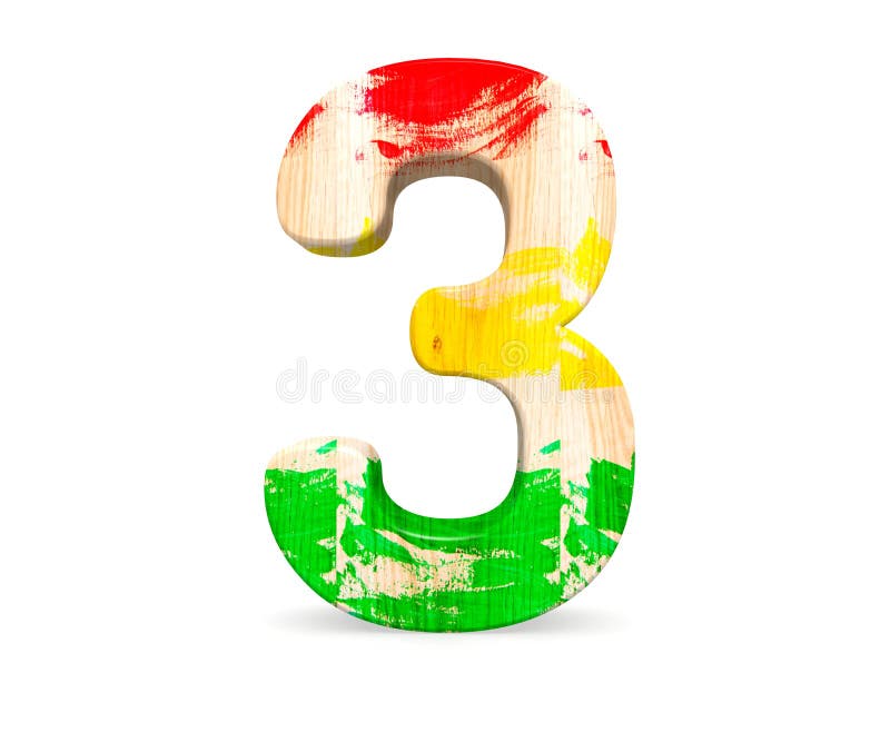 Decorative wooden colored red green yellow alphabet digit three symbol - 3. 3d rendering illustration. Isolated on white. royalty free illustration Decorative wooden colored red green yellow alphabet digit three symbol - 3. 3d rendering illustration. Isolated on white. royalty free illustration