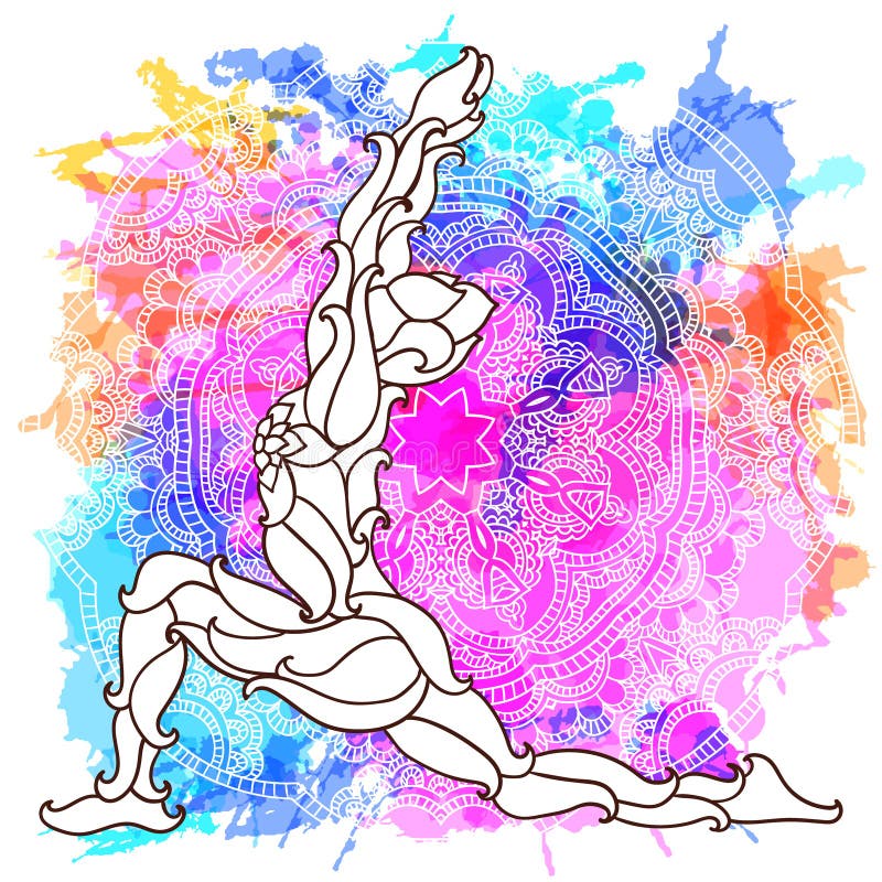 Decorative yoga pose on the abstract multicolored background with ornate round mandala pattern. royalty free illustration Decorative yoga pose on the abstract multicolored background with ornate round mandala pattern. royalty free illustration