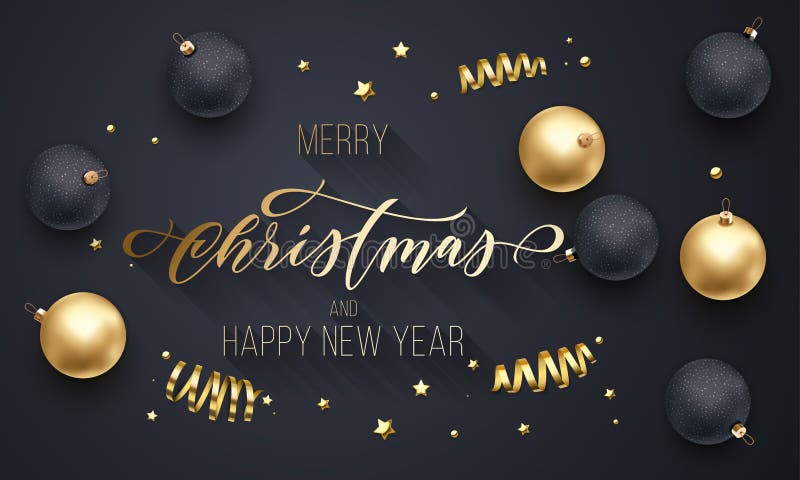 Decorazione dorata del buon anno e di Buon Natale, fonte disegnata a mano di calligrafia dell'oro per il fondo del nero della car royalty illustrazione gratis Decorazione dorata del buon anno e di Buon Natale, fonte disegnata a mano di calligrafia dell'oro per il fondo del nero della car royalty illustrazione gratis