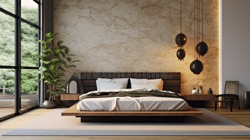 Decorazione per camere da letto interni. stile giapponese contemporaneo illustrazione di stock