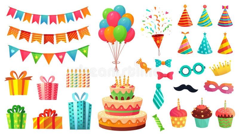 Decorazioni della festa di compleanno del fumetto Presente dei regali, bigné dolci e dolce di celebrazione Vettore variopinto deg illustrazione di stock