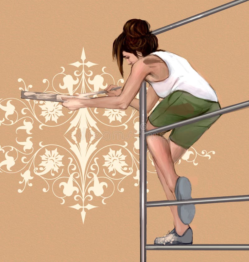 Decoração da menina, pintando uma parede com as decorações bonitas, simétricas, arquitetónicas, florais ilustração royalty free Decoração da menina, pintando uma parede com as decorações bonitas, simétricas, arquitetónicas, florais ilustração royalty free