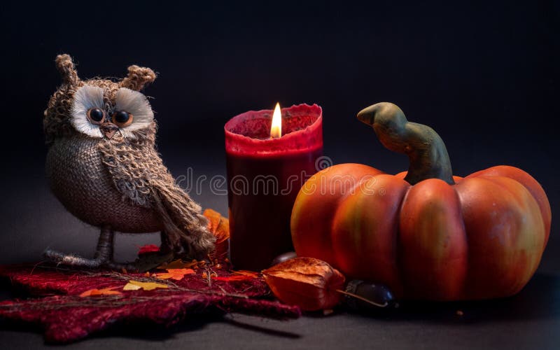 decoração do outono do Dia das Bruxas com abóbora, a coruja bonito e vela vermelha em cores alaranjadas das folhas no fundo preto foto de stock royalty free decoração do outono do Dia das Bruxas com abóbora, a coruja bonito e vela vermelha em cores alaranjadas das folhas no fundo preto foto de stock royalty free