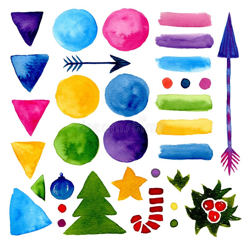 Decorações da aquarela Formas da pintura da mão e elementos do ano novo ilustração do vetor Decorações da aquarela Formas da pintura da mão e elementos do ano novo ilustração do vetor