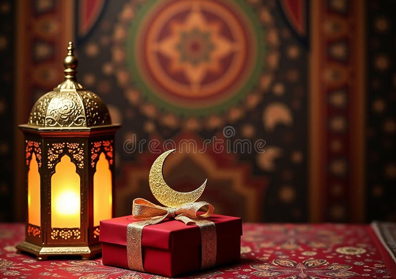 Decorações do Ramadão com Lanternas Árabes Presentes Vermelhos e Ornamentos Crescentes Nuances Islâmicos e Tradicionais fotografia de stock royalty free