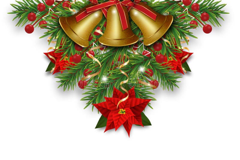 Decorațiuni de Crăciun cu clopoței de aur, crengi de Crăciun, poinsettia și fructe de pădure. element de proiectare pentru xmas și royalty free illustration