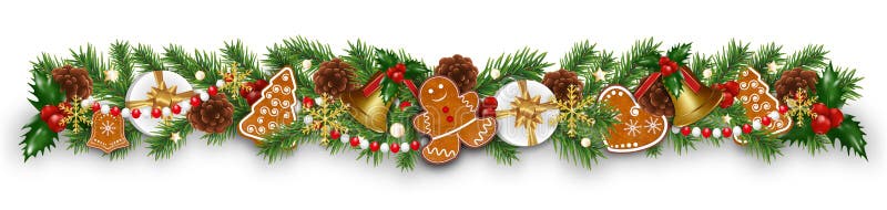 Decorațiuni de graniță de Crăciun garland cu ramuri de brad gingerbread cookie Clopoței de aur Holly și conuri. element de proiect vector illustration