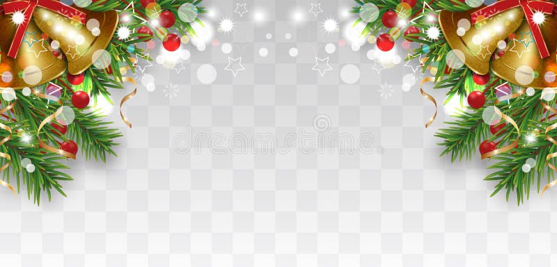 Decoruri de Crăciun și Crăciun fericit cu crengi de Crăciun cu clopoței de aur și panglici de Crăciun. bordură strălucitoare vector illustration