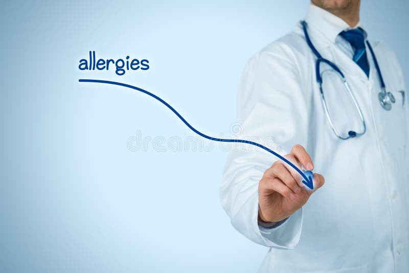 Decrease allergies concept. Doctor medical practitioner draw decreasing graph of allergies. Decrease allergies stock images, royalty-free photos and pictures