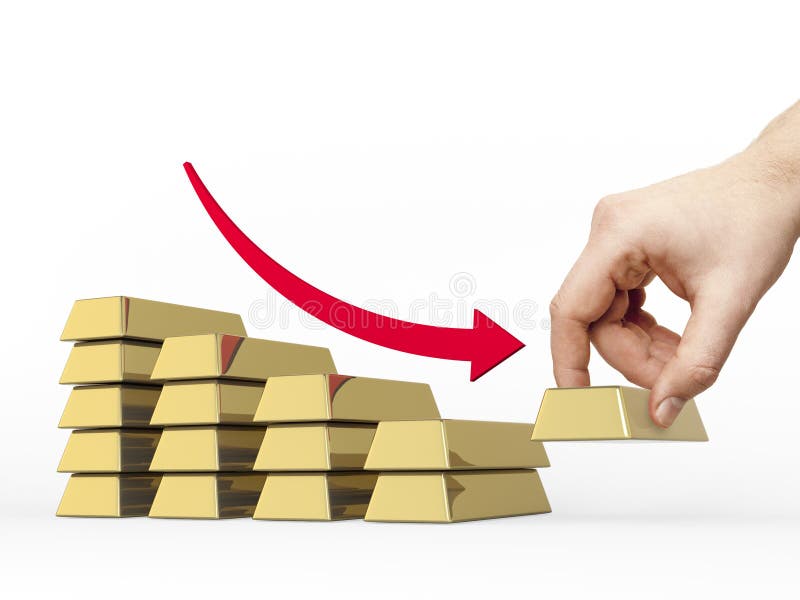 Decrease bar chart made of golden bars. Hand take off the bottom bar. Red arrow shows decrease. Decrease business graph illustrations