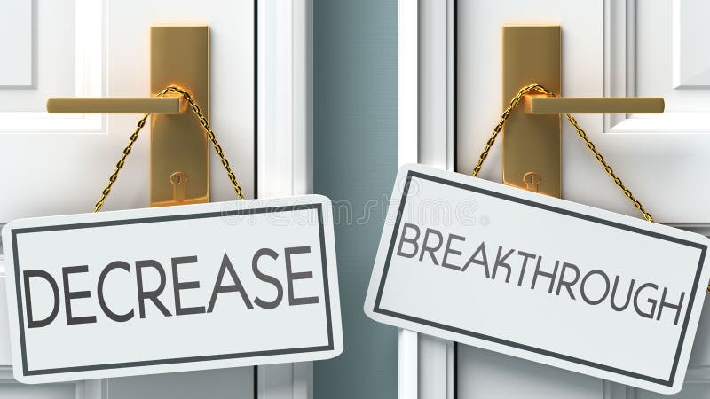 Decrease and breakthrough as a choice - pictured as words Decrease, breakthrough on doors to show that Decrease and breakthrough are opposite options while making decision, 3d illustration. Decrease direction sign illustrations