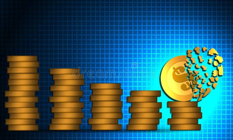 Decrease of coin stacks bars and shattered coin. 3d rendering. Decrease percentage illustrations