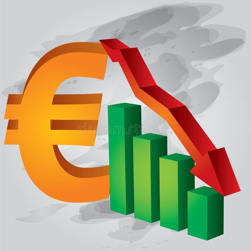 Decrease in Euro exchange rate - illustration with arrow and sign. Decrease arrow icon vectors