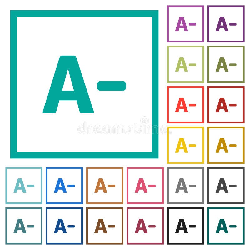 Decrease font size flat color icons with quadrant frames on white background. Word decrease vectors