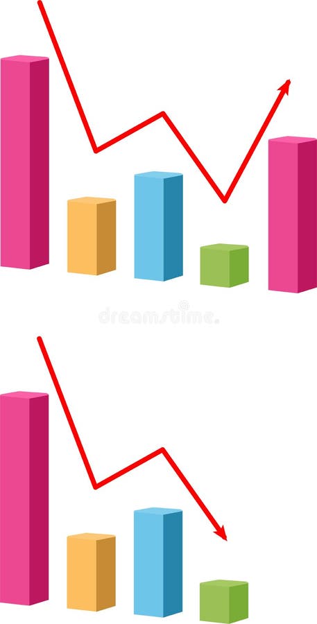 Decrease and Growing graph Icon. Chart with bars declining Raster icon. Finance graph symbol. Raster on white background. Decrease arrow icon illustrations